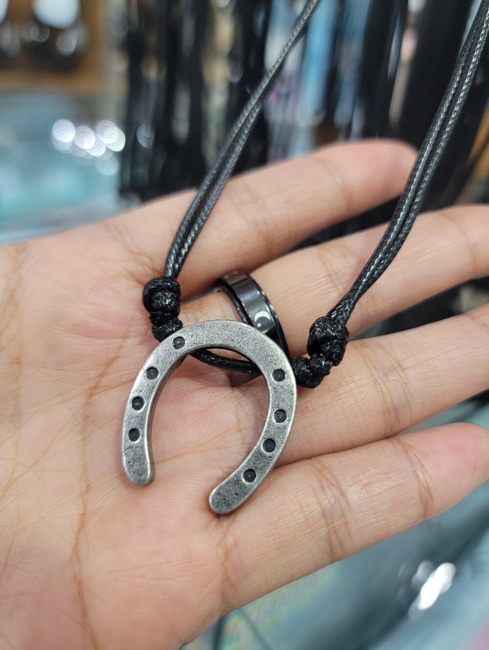 Men's Black Cord Necklace with Silver Horseshoe Pendant